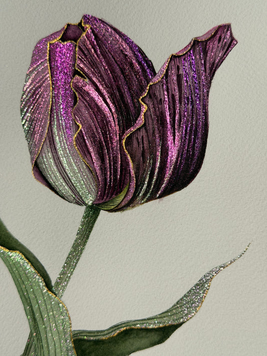 Luminous Single Tulip Original Metallic Watercolor Painting 9x12 inches