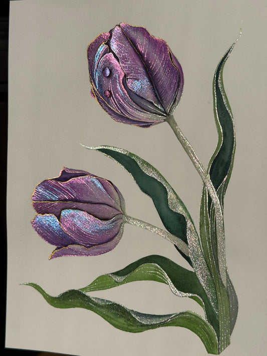 Luminous Twin Tulips Original Metallic Watercolor Painting 9x12 inches