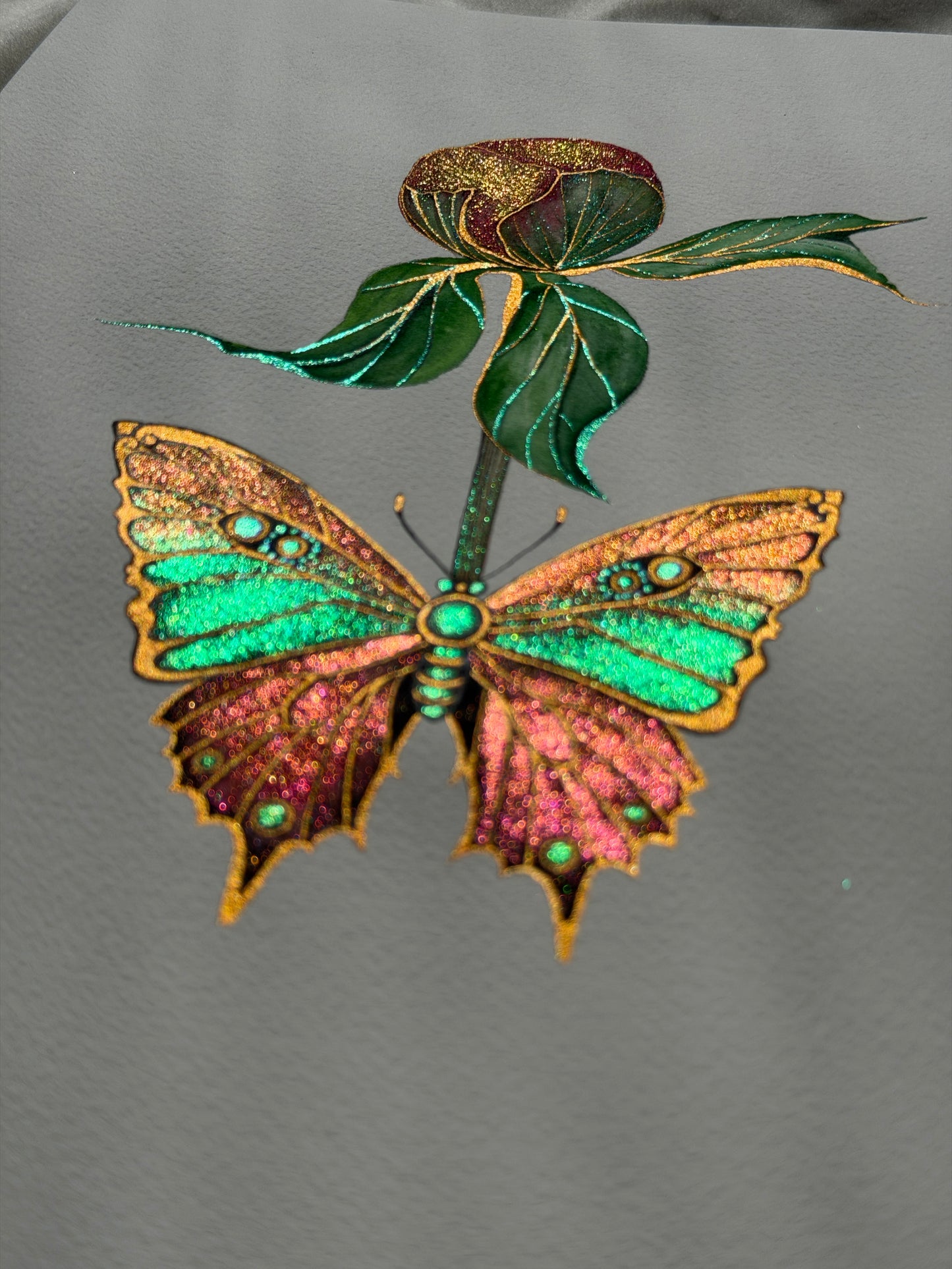 Luminous Butterfly Original Metallic Watercolor Painting Peony Bud 9x12 inches
