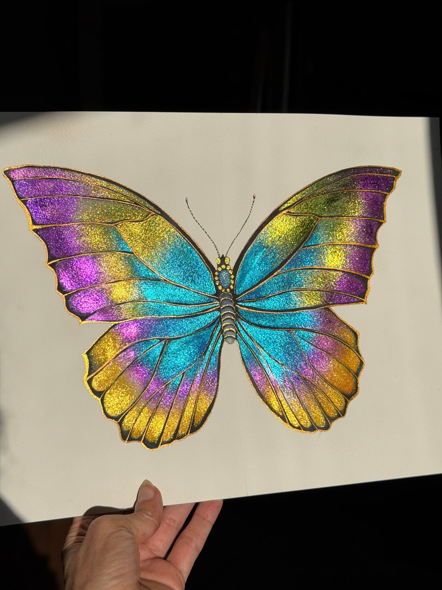Rainbow Luminous Butterfly Original Metallic Watercolor Painting 9x12 inches