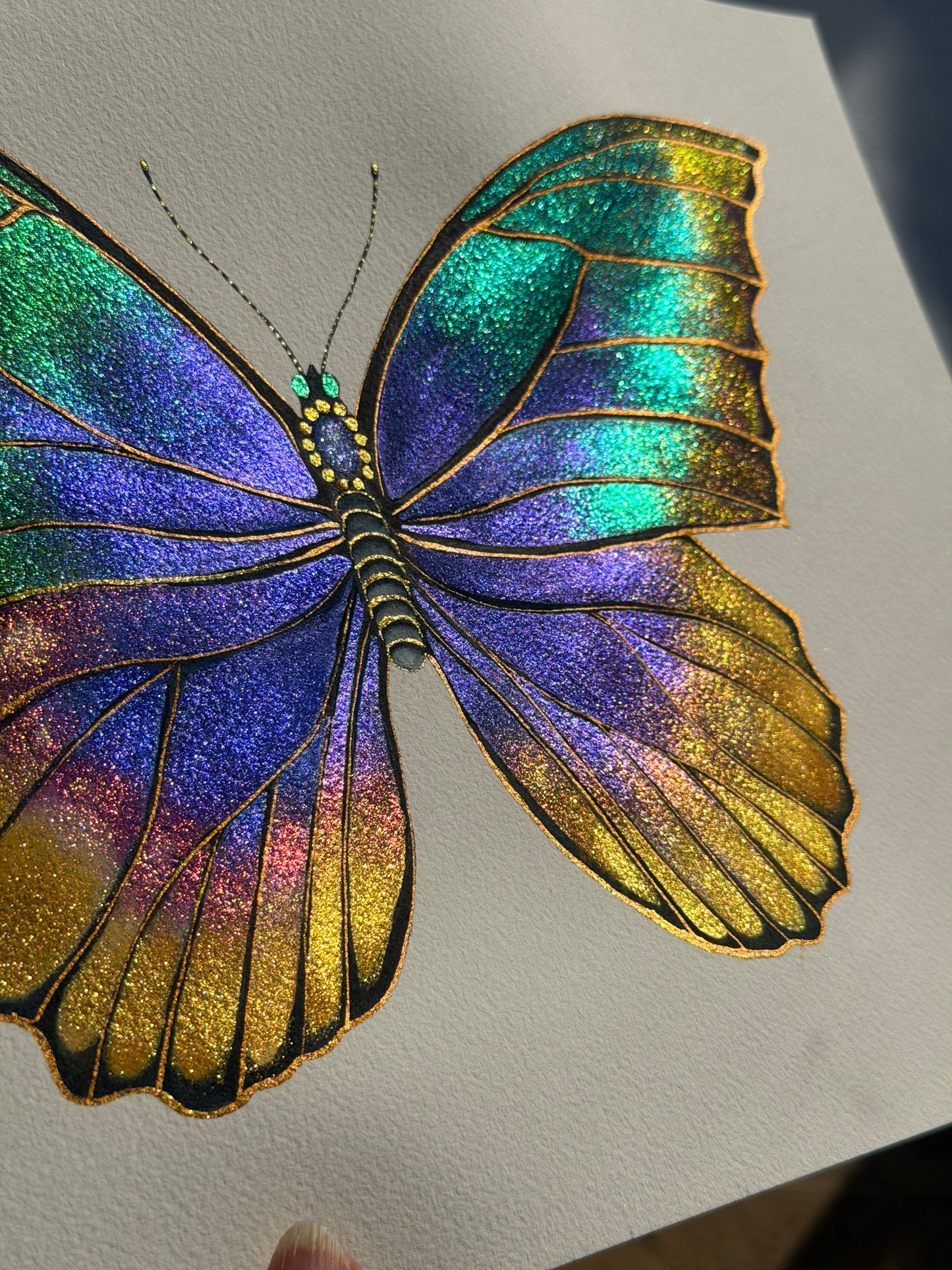 Rainbow Luminous Butterfly Original Metallic Watercolor Painting 9x12 inches