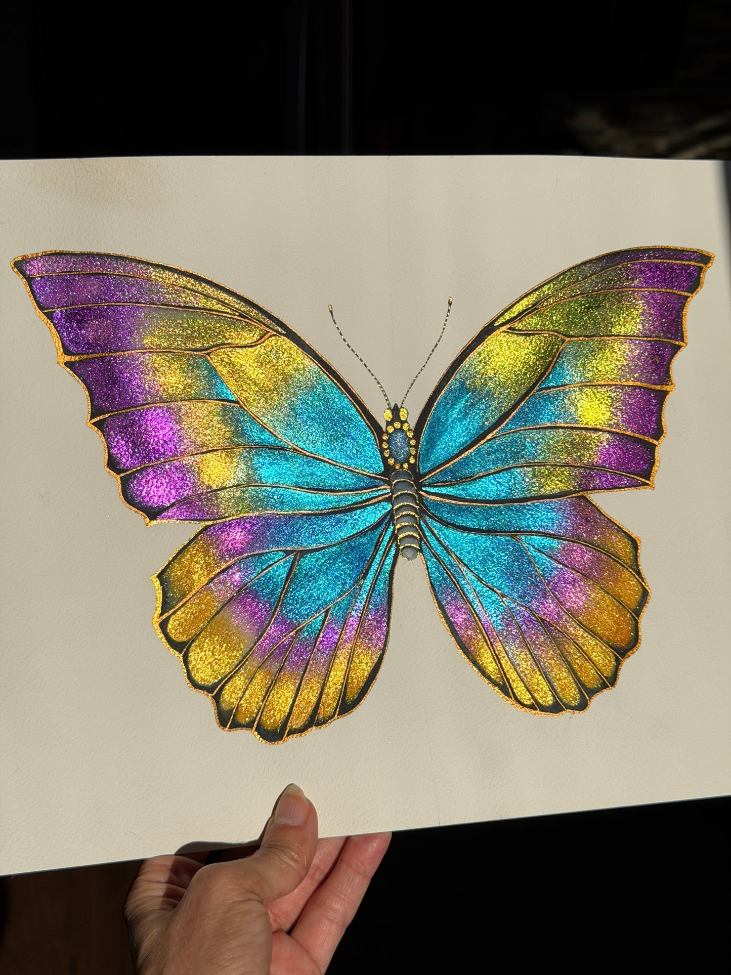 Rainbow Luminous Butterfly Original Metallic Watercolor Painting 9x12 inches