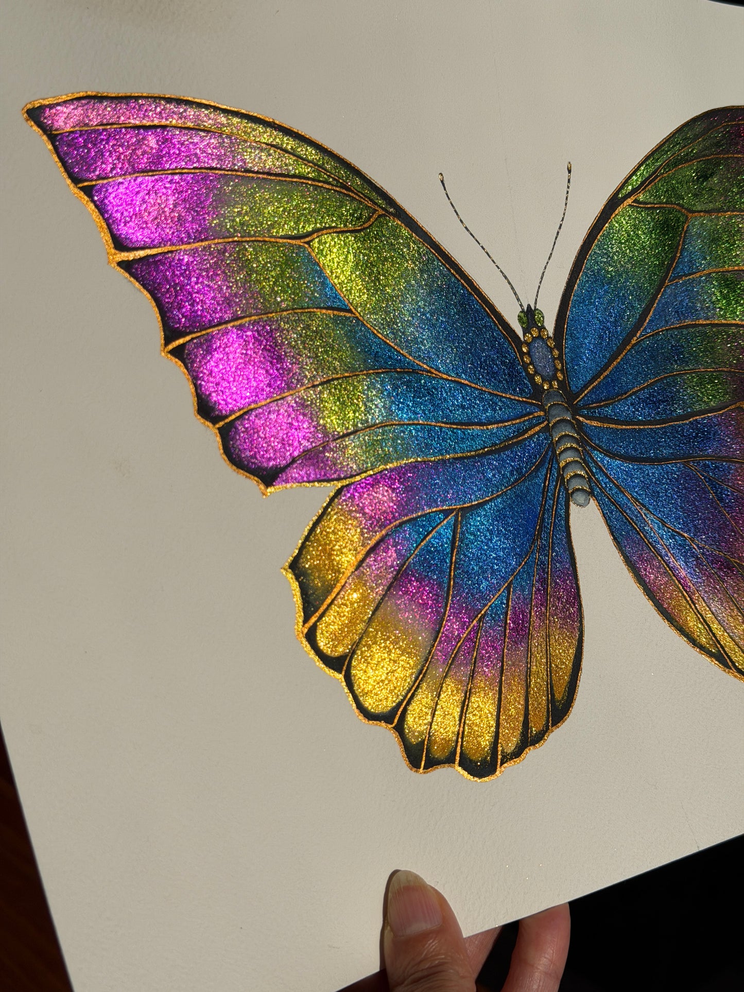 Rainbow Luminous Butterfly Original Metallic Watercolor Painting 9x12 inches