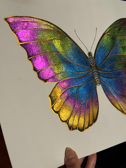 Rainbow Luminous Butterfly Original Metallic Watercolor Painting 9x12 inches