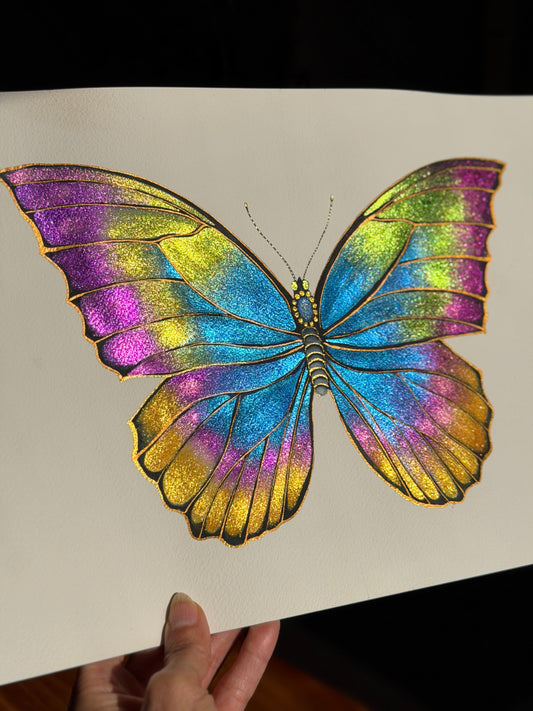Rainbow Luminous Butterfly Original Metallic Watercolor Painting 9x12 inches