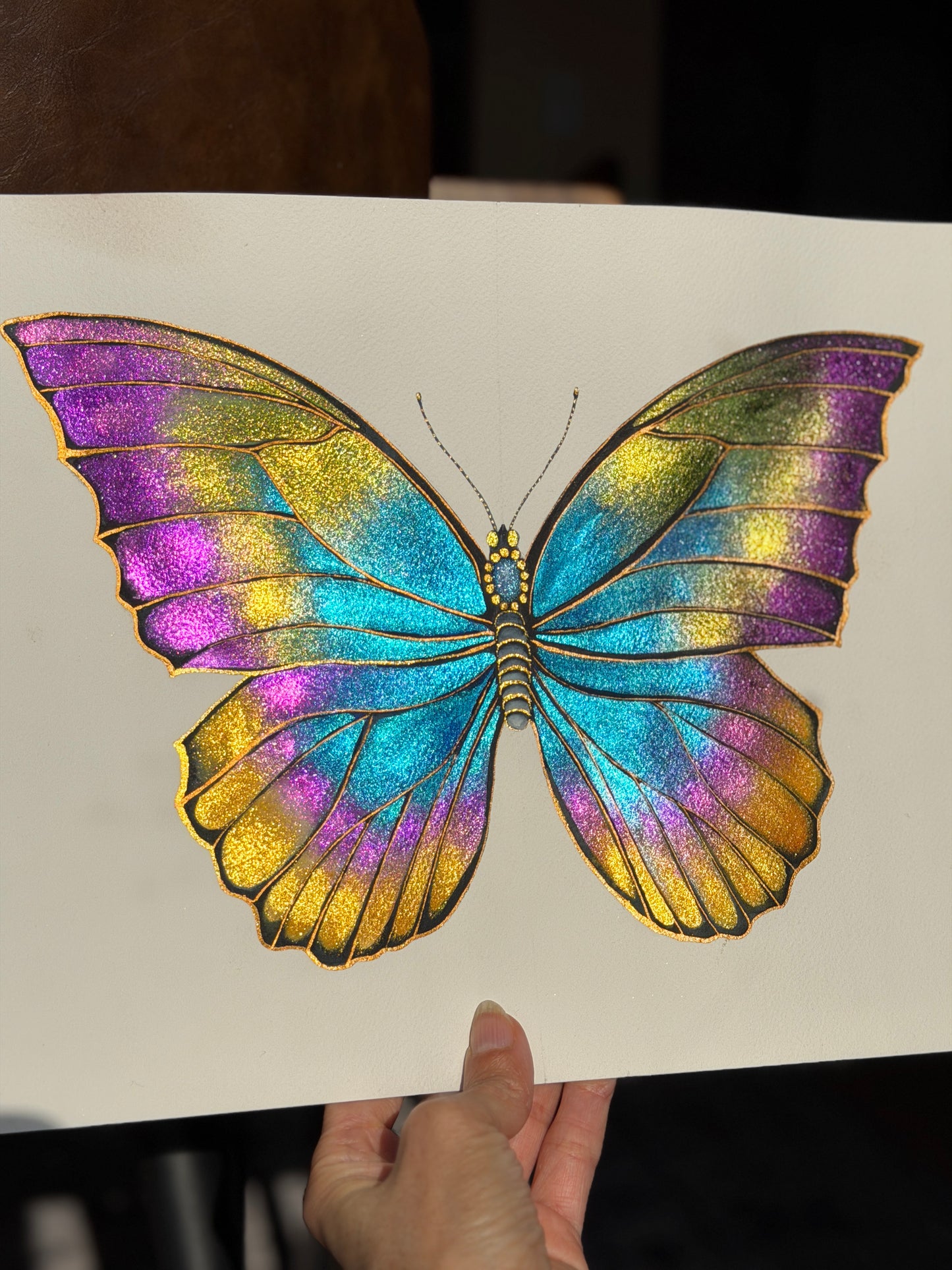 Rainbow Luminous Butterfly Original Metallic Watercolor Painting 9x12 inches