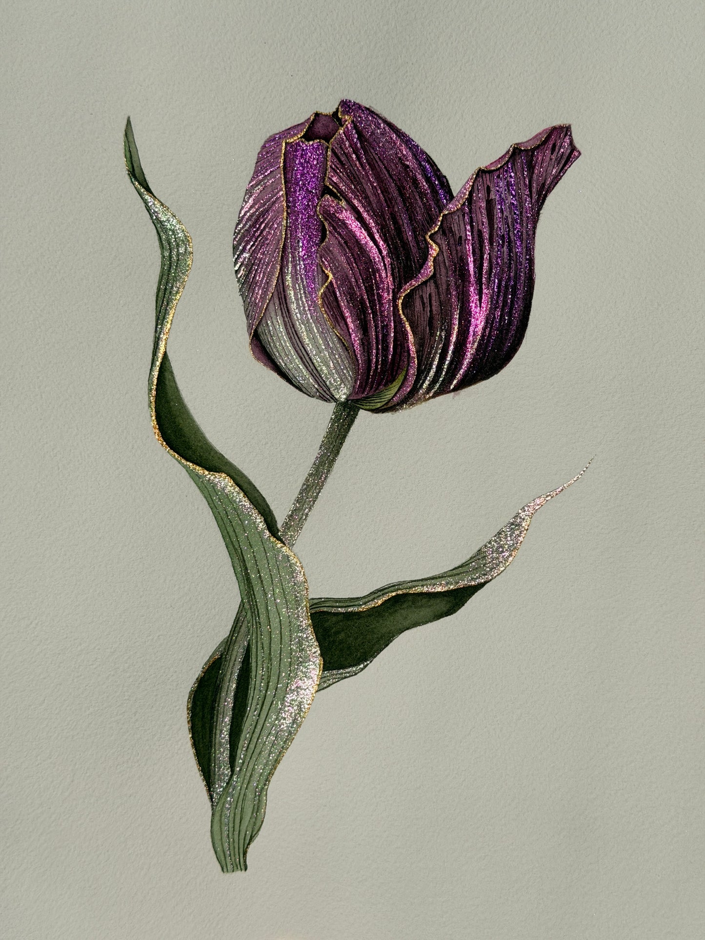 Luminous Single Tulip Original Metallic Watercolor Painting 9x12 inches