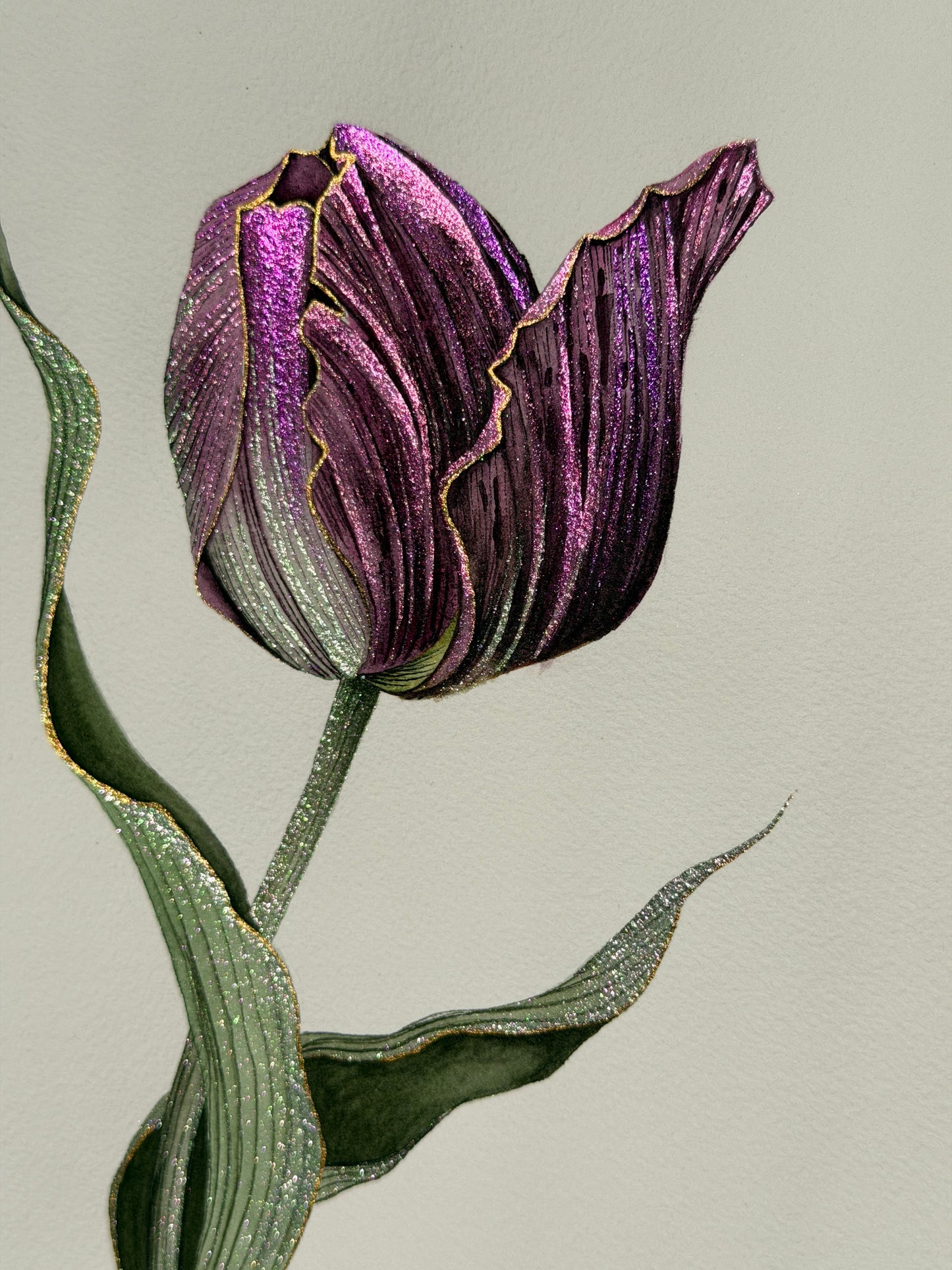 Luminous Single Tulip Original Metallic Watercolor Painting 9x12 inches