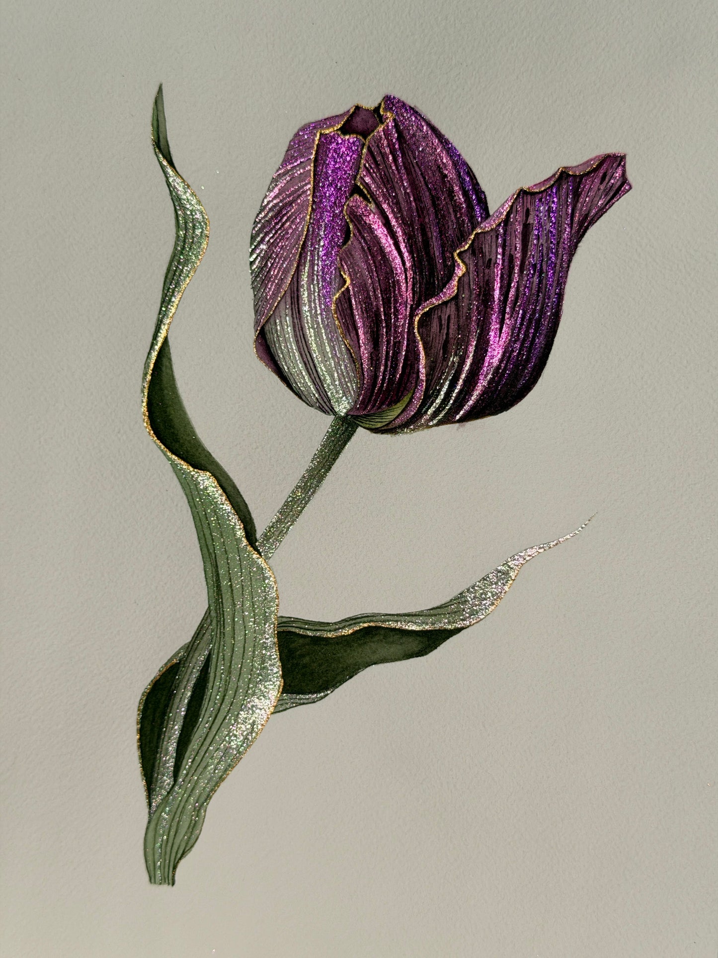 Luminous Single Tulip Original Metallic Watercolor Painting 9x12 inches