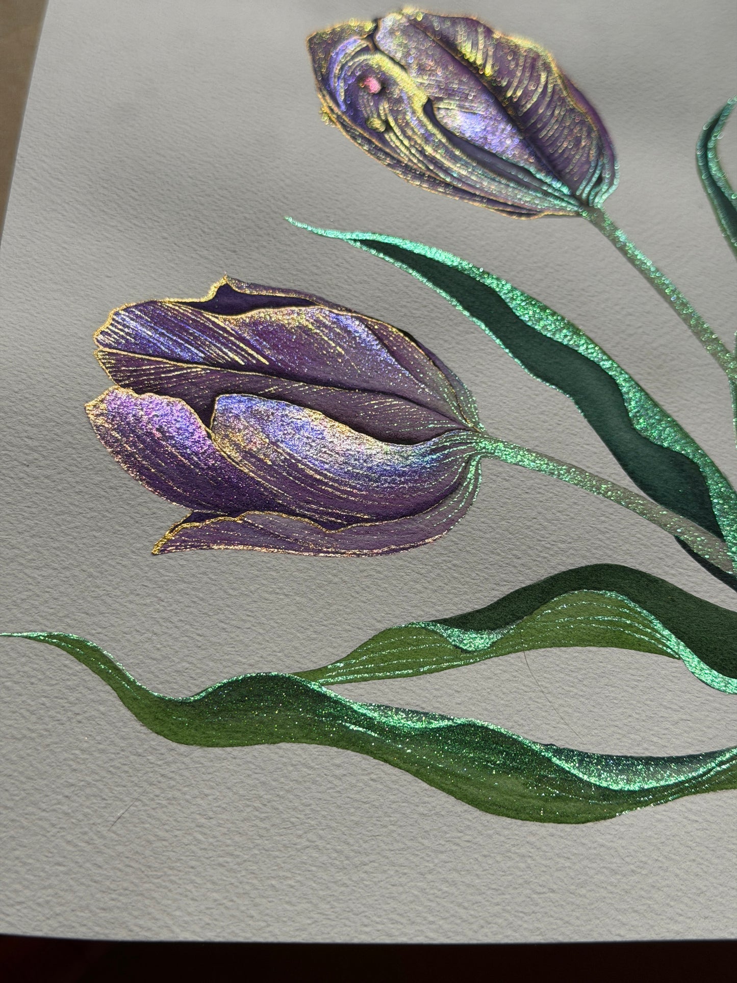 Luminous Twin Tulips Original Metallic Watercolor Painting 9x12 inches
