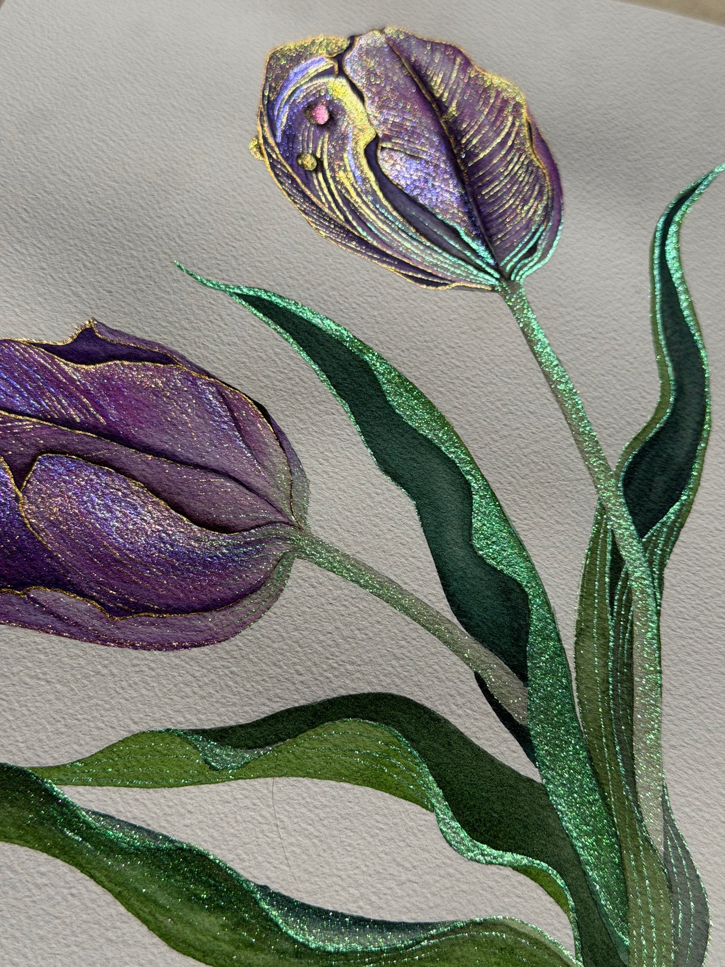 Luminous Twin Tulips Original Metallic Watercolor Painting 9x12 inches
