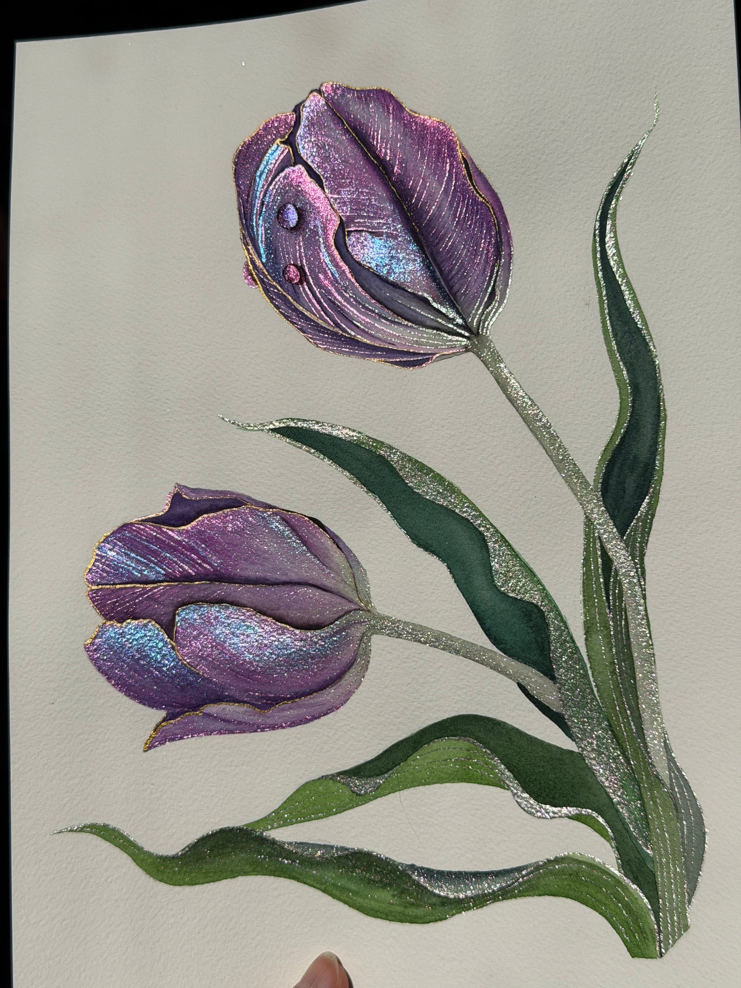 Luminous Twin Tulips Original Metallic Watercolor Painting 9x12 inches