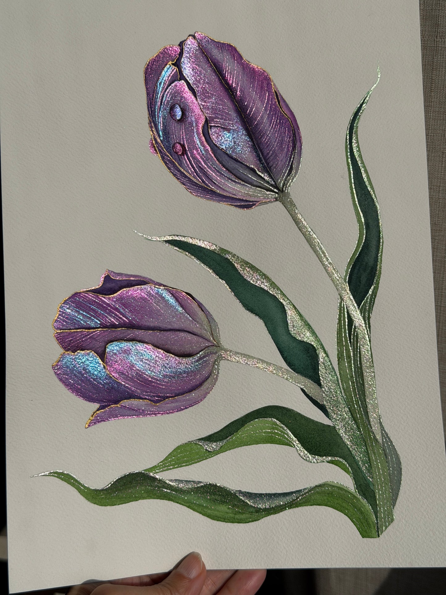 Luminous Twin Tulips Original Metallic Watercolor Painting 9x12 inches