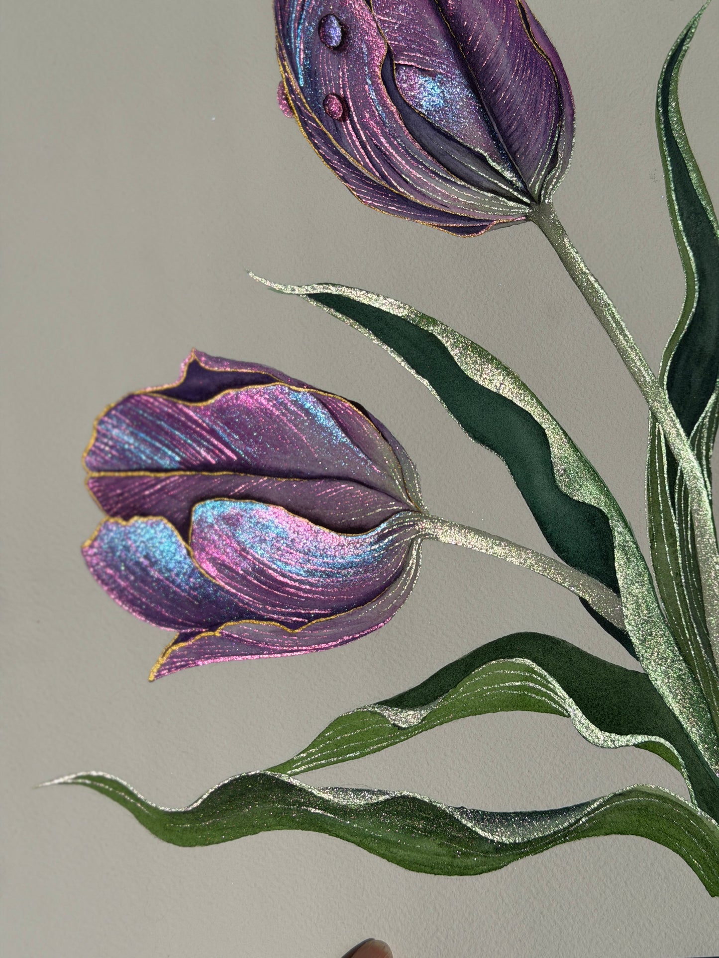 Luminous Twin Tulips Original Metallic Watercolor Painting 9x12 inches