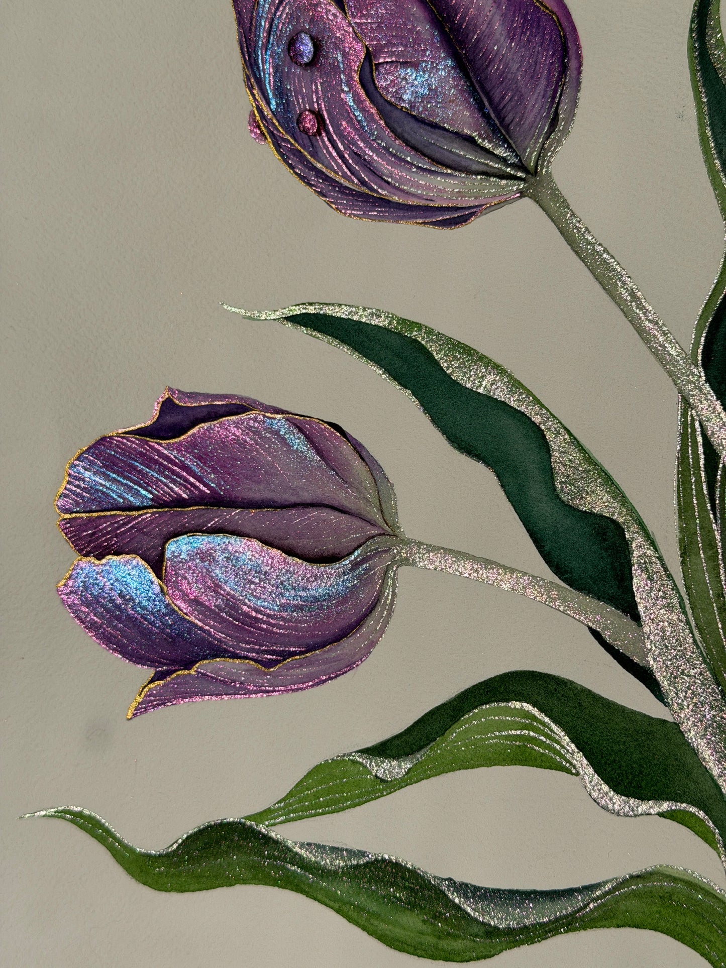 Luminous Twin Tulips Original Metallic Watercolor Painting 9x12 inches