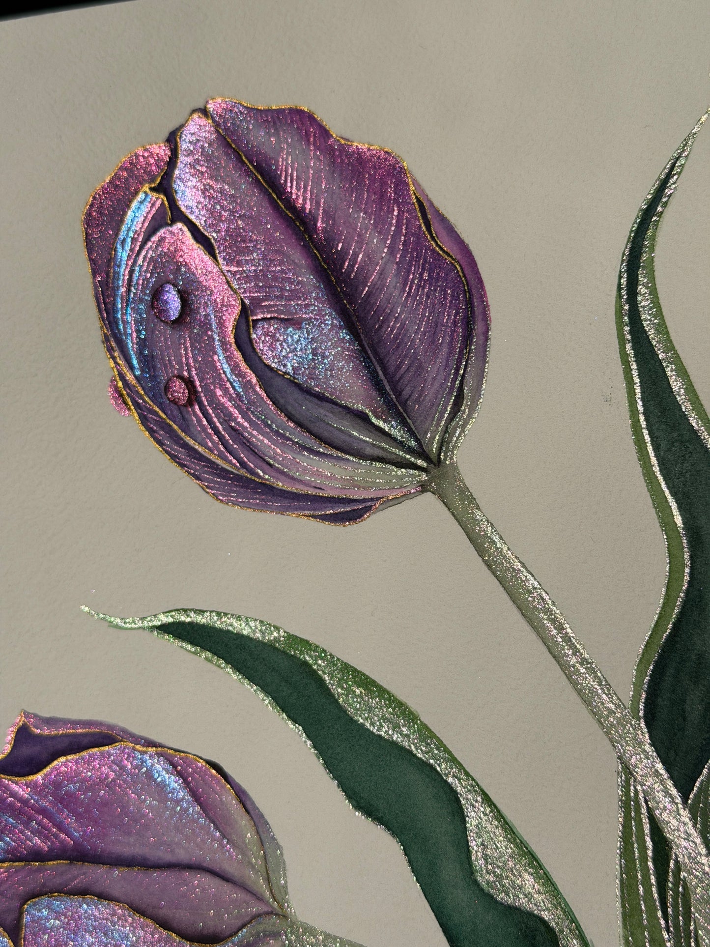 Luminous Twin Tulips Original Metallic Watercolor Painting 9x12 inches