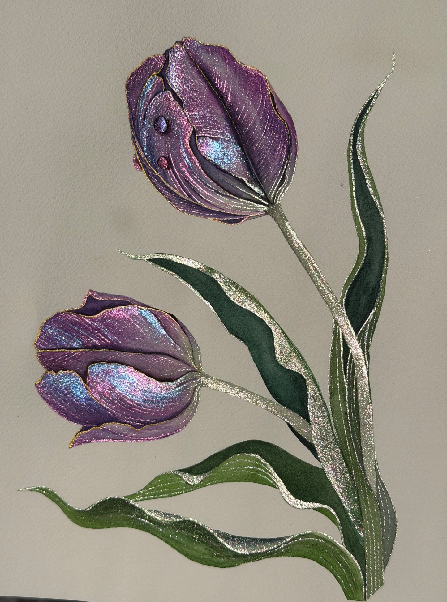Luminous Twin Tulips Original Metallic Watercolor Painting 9x12 inches