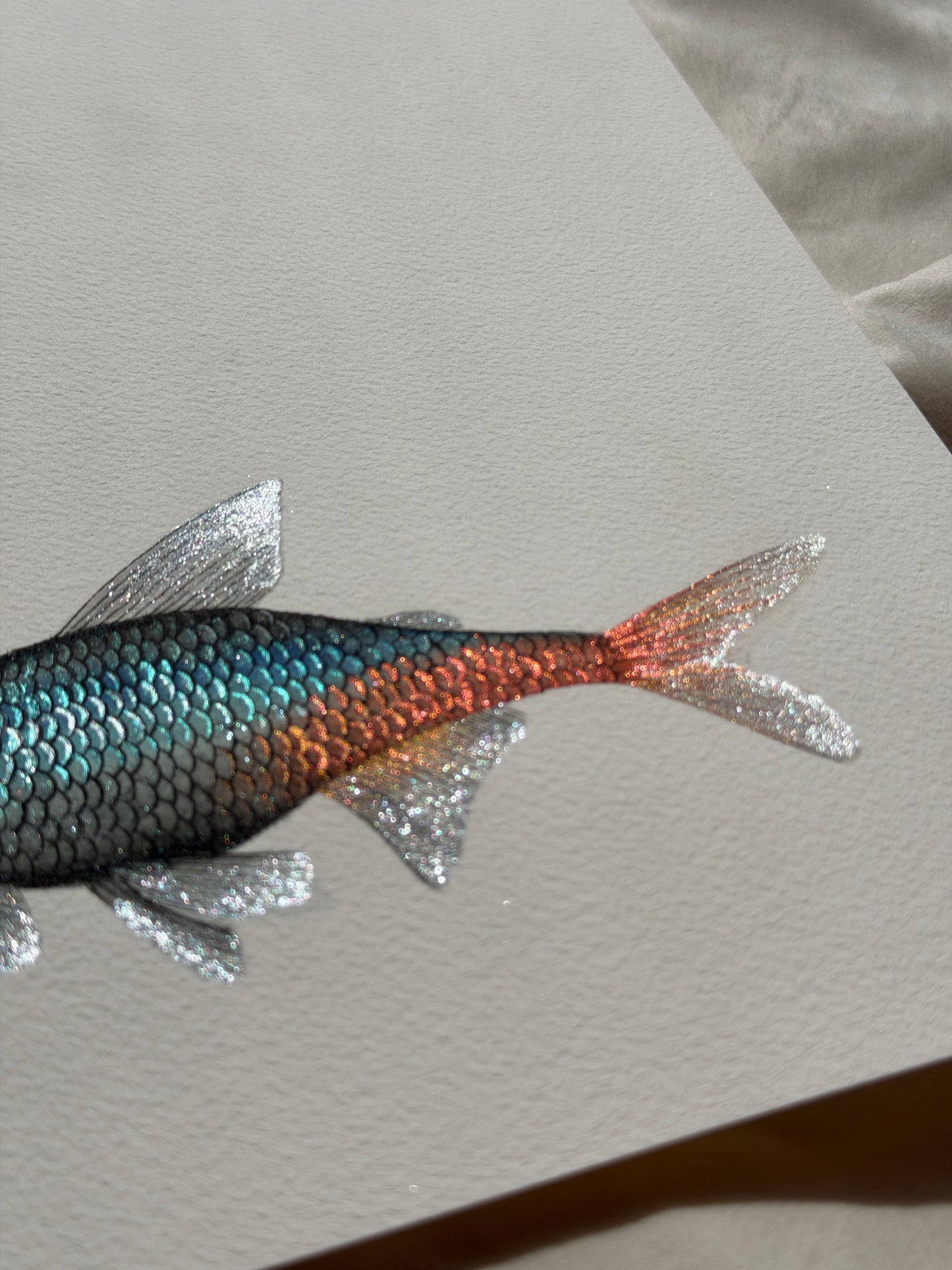 Luminous Tetra Fish Original Metallic Watercolor Painting 9x7 inches