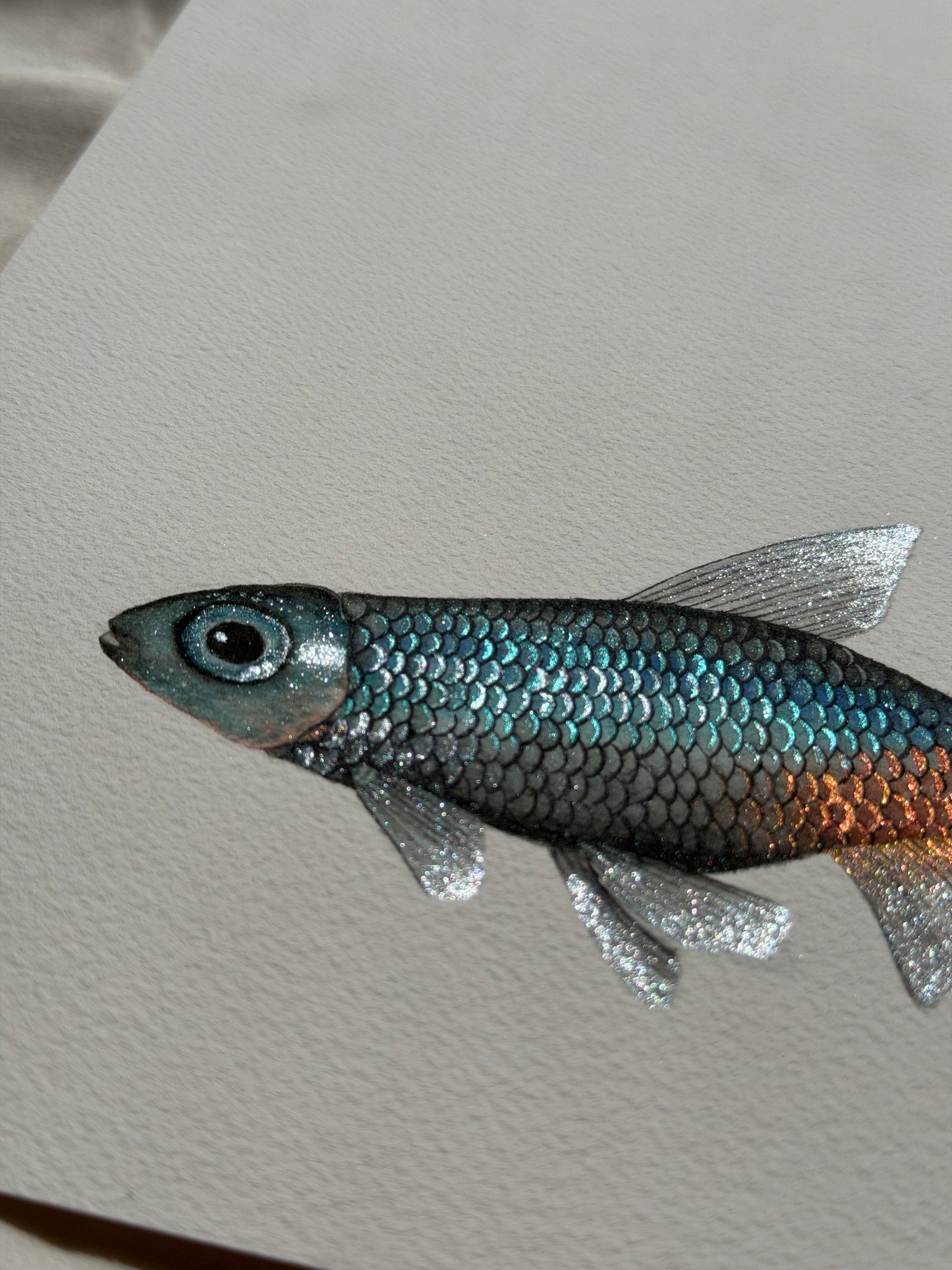 Luminous Tetra Fish Original Metallic Watercolor Painting 9x7 inches