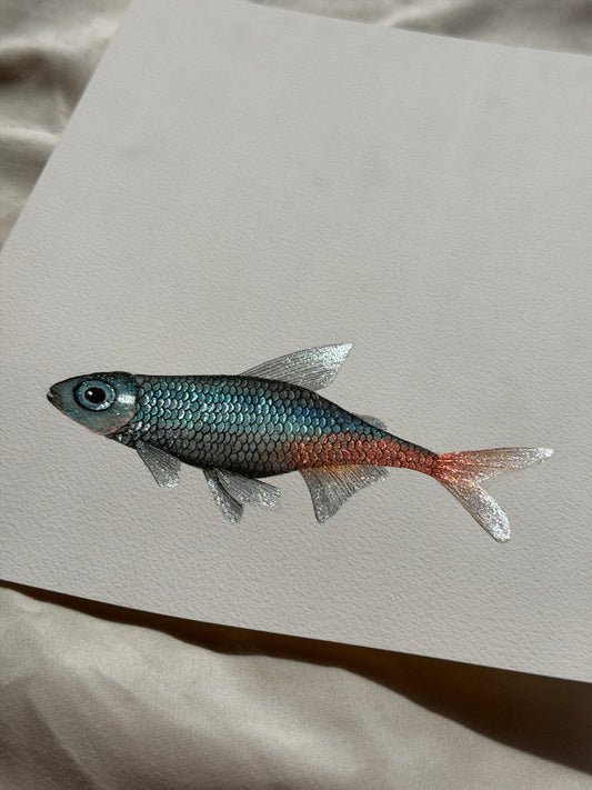 Luminous Tetra Fish Original Metallic Watercolor Painting 9x7 inches