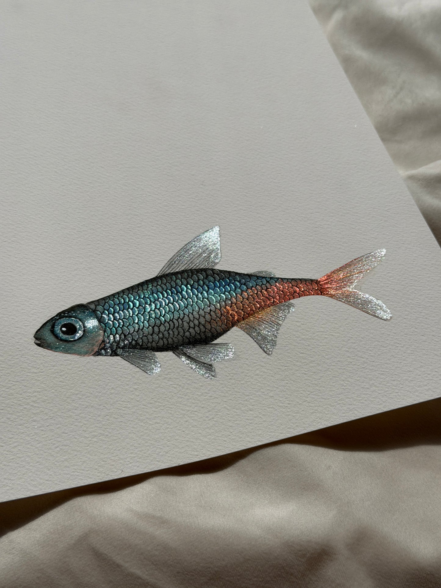 Luminous Tetra Fish Original Metallic Watercolor Painting 9x7 inches