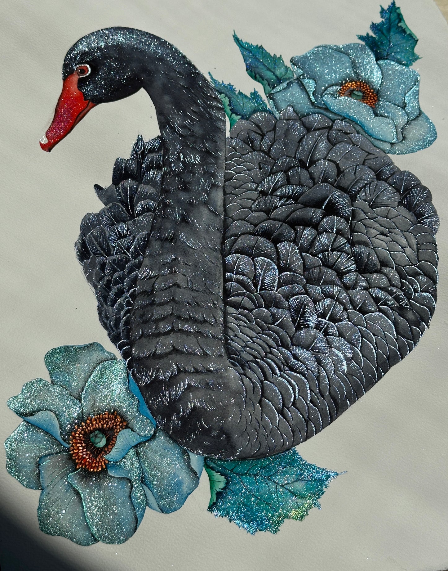 Shimmering Black Swan and Blue Anemones