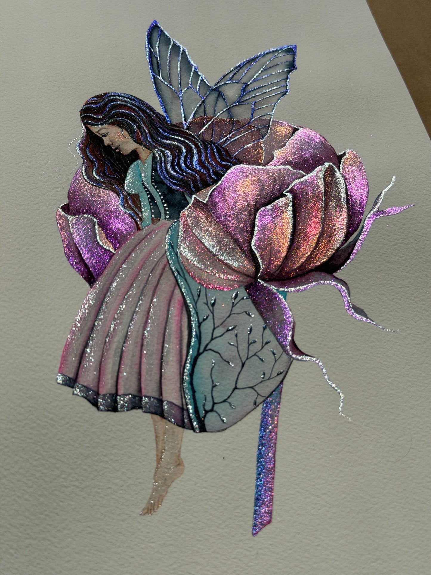 Fairy in Bloom Original Metallic Watercolor Painting Peony 9x12 inches