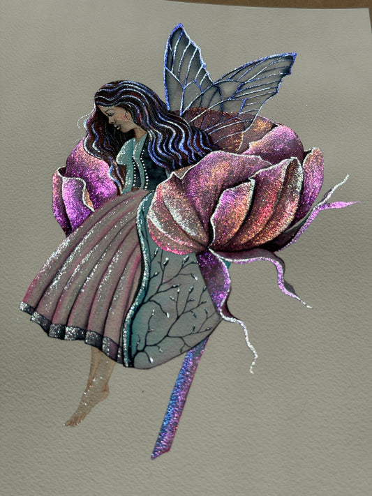 Fairy in Bloom Original Metallic Watercolor Painting Peony 9x12 inches