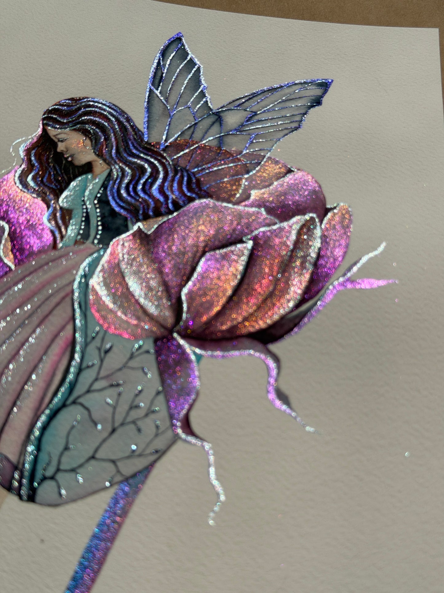 Fairy in Bloom Original Metallic Watercolor Painting Peony 9x12 inches