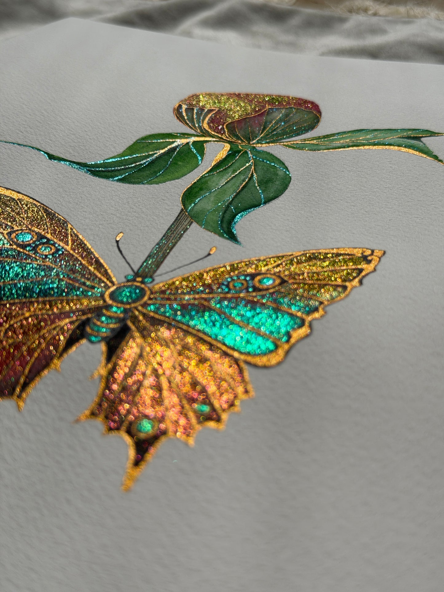 Luminous Butterfly Original Metallic Watercolor Painting Peony Bud 9x12 inches