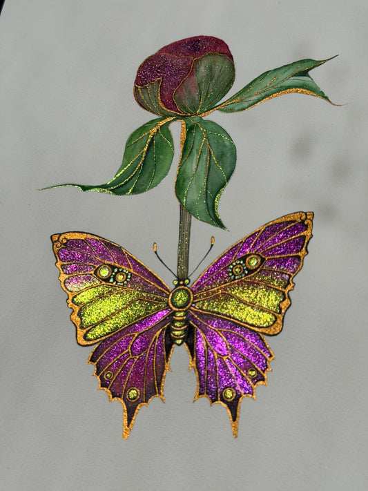 Luminous Butterfly Original Metallic Watercolor Painting Peony Bud 9x12 inches