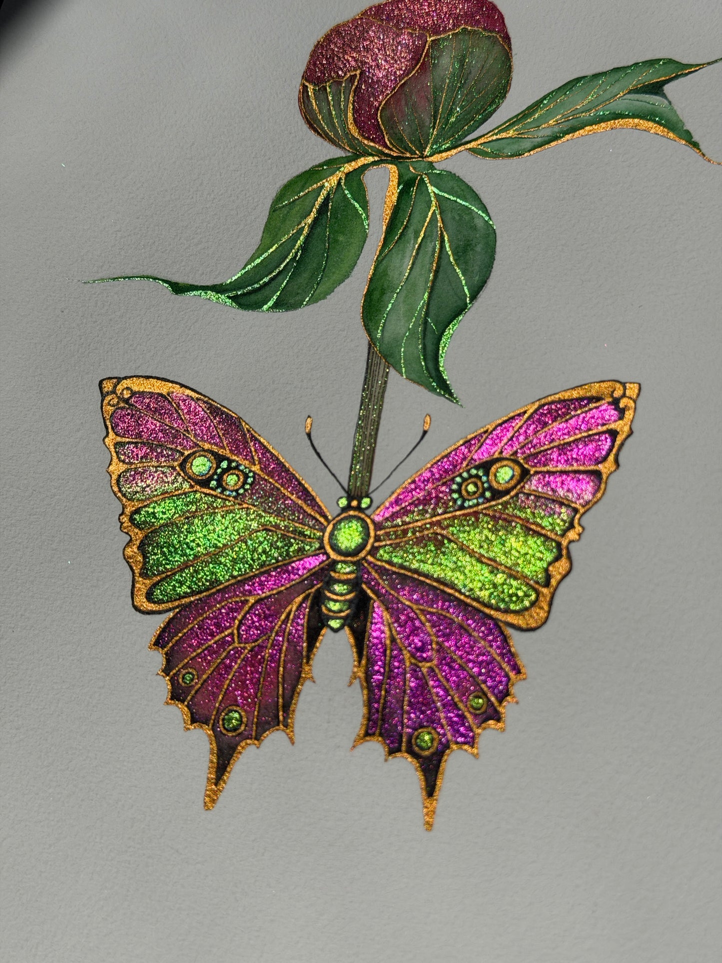Luminous Butterfly Original Metallic Watercolor Painting Peony Bud 9x12 inches