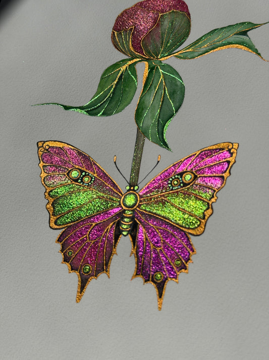 Luminous Butterfly Original Metallic Watercolor Painting Peony Bud 9x12 inches